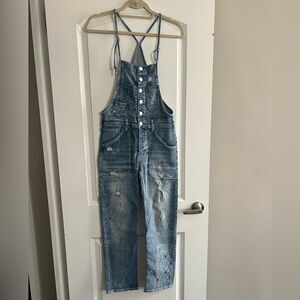 Pilcro Blue Relaxed Jean Overalls with Vintage-Inspired Distressing